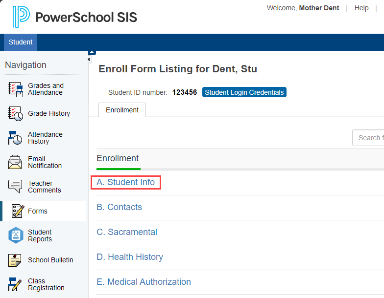 Parent Portal Forms Student