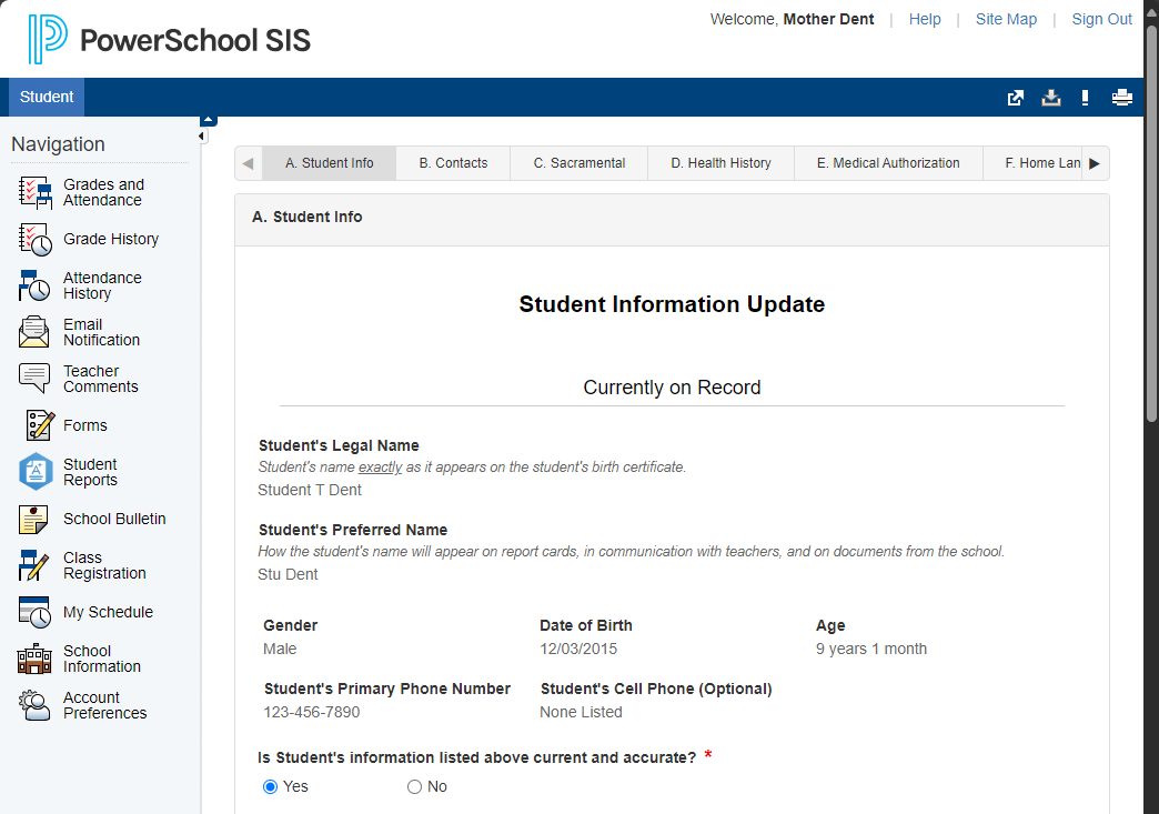 Parent Portal Student Form